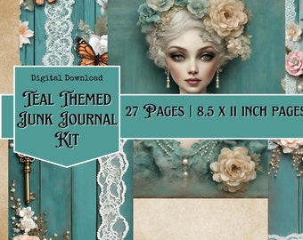 Teal Junk Journal Kit Altered Art,Digital Papers,Teal Printables,Journaling Papers, Digital Download,Mixed Media Shabby Chic, Turquoise