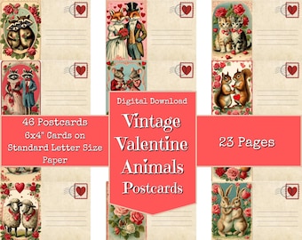 Vintage Valentines Day Animals Theme Postcards, Cute Valentines, Digital Papers, Junk Journal Printables, Instant Digital Download, Digi Kit