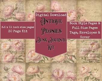 Antique Peony Peonies Theme Junk Journal Kit,Vintage look Altered Art, Digital Papers, Junk Journal Printables, Digital Download,Digi Kit