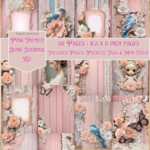Pink Junk Journal Kit Altered Art, Digi Kit, Pink Printables, Journaling Papers, Digital Download, Mixed Media Shabby Chic, Soft Pink