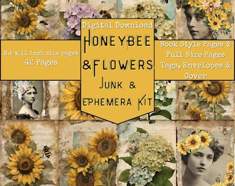 HoneyBee Sunflowers Theme Junk Journal Kit,Flower Honey Bee Altered Art, Digital Papers, Junk Journal Printables, Digital Download, Digi Kit