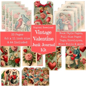 Vintage Valentines Day Theme Junk Journal Kit, Cute Valentines, Digital Papers, Junk Journal Printables, Digital Download, Digi Kit image 3