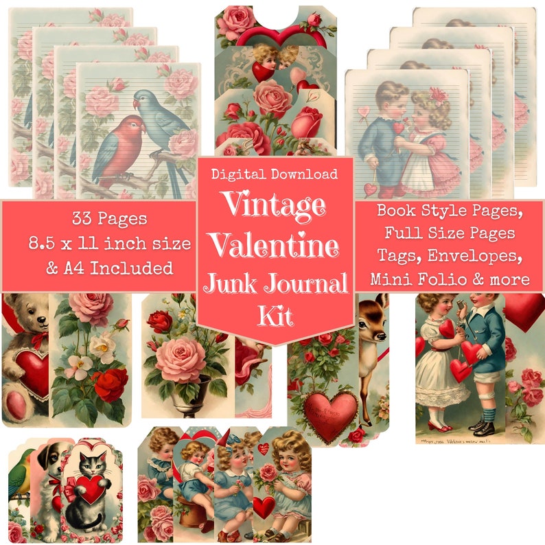 Vintage Valentines Day Theme Junk Journal Kit, Cute Valentines, Digital Papers, Junk Journal Printables, Digital Download, Digi Kit image 3