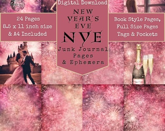 PINK New Year's Eve NYE Journal Pages, Holiday Junk Journal, Printable, Paper, Book, Digital, Ephemera, Winter Junk Journal, Downloadable A4