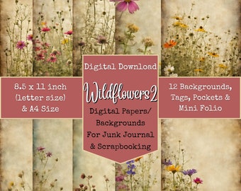 Wildflowers II Digital Papers, Flower Backgrounds for Junk Journaling, Digital Papers, Junk Journal Printables, Digital Download, Digi Kit