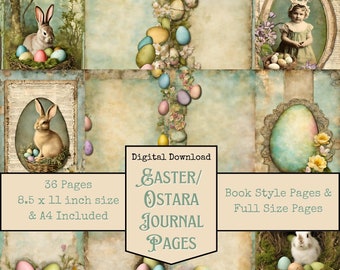 Easter Ostara Theme Junk Journal Pages, Bunnies Moss Nest Eggs, Digital Papers, Junk Journal Printables, Digital Download, Digi Kit