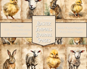 May include: A digital download of 18 printable journal pages featuring watercolor illustrations of Easter animals. The pages include a lamb, a chick, and a rabbit. The pages are available in 8.5 x 11 inch and A4 sizes.