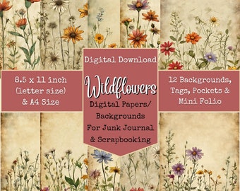 Wildflower Digital Papers, Flower Backgrounds for Junk Journaling, Digital Papers, Junk Journal Printables, Digital Download, Digi Kit