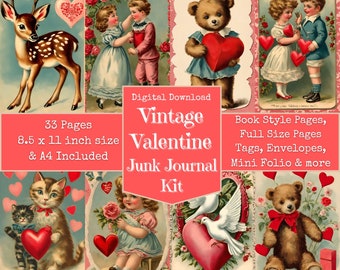 Vintage Valentines Day Theme Junk Journal Kit, Cute Valentines, Digital Papers, Junk Journal Printables, Digital Download, Digi Kit