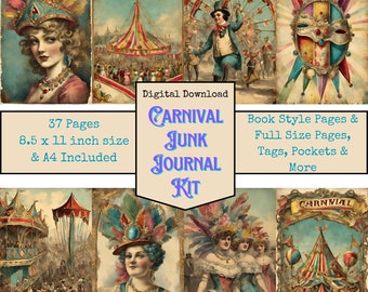 Carnival Theme Junk Journal Kit, World's Fair Circus, Grungy Digital Papers, Junk Journal Printables, Digital Download, Digi Kit