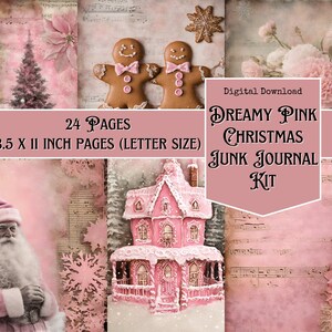 Kit de carnet de notes de Noël rose de rêve, art altéré, papiers numériques, articles à imprimer pour les fêtes, papiers de journalisme, téléchargement numérique, techniques mixtes