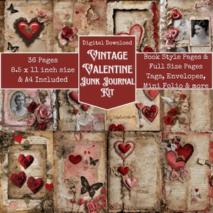 Può includere: Kit di download digitale per un diario di scarto vintage di San Valentino. Il kit include 36 pagine in formato 8,5 x 11 pollici e A4, pagine in stile libro, pagine a grandezza naturale, etichette, buste, mini folio e altro ancora. L'immagine mostra un collage di pagine con cuori, rose e immagini vintage.