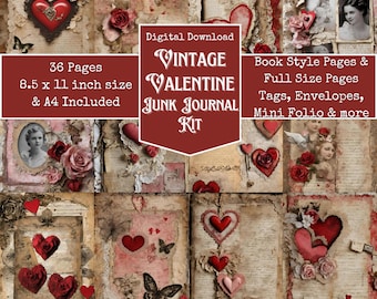 Valentines Day Theme Junk Journal Kit, Hearts and Lace, Altered Art, Digital Papers, Junk Journal Printables, Digital Download, Digi Kit