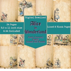 Alice in Wonderland digitale papers, blanco en gelinieerde pagina&#39;s, Alice in Wonderland achtergrond ongewenste Journal Printables, digitale download, Digi Kit