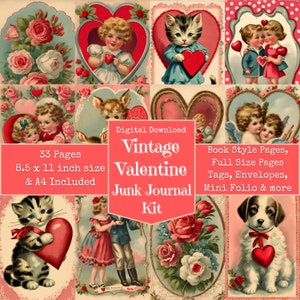 Vintage Valentines Day Theme Junk Journal Kit, Cute Valentines, Digital Papers, Junk Journal Printables, Digital Download, Digi Kit image 1