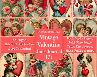 Vintage Valentines Day Theme Junk Journal Kit, Cute Valentines, Digital Papers, Junk Journal Printables, Digital Download, Digi Kit