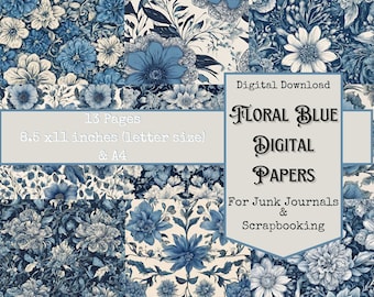 Delicate Blue Flower Paper Pack, Junk Journal, Printable Pages, Book, Digital, Ephemera, Downloadable A4, Letter Size, High Quality 300 DPI