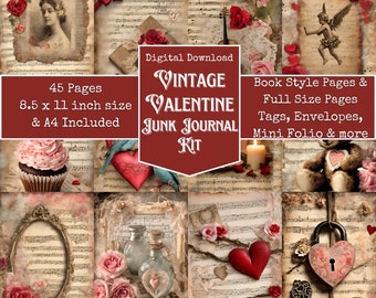 Valentines Day Theme Junk Journal Kit, Hearts and Lace, Altered Art, Digital Papers, Junk Journal Printables, Digital Download,Digi Kit