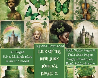 St Patrick's Day Theme Junk Journal Kit, Shamrocks and Rainbows, Digital Papers, Junk Journal Printables, Digital Download, Digi Kit