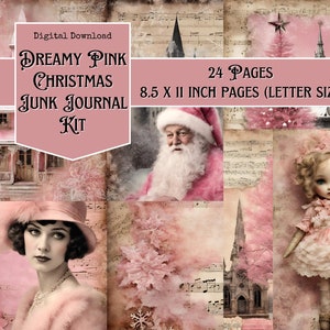 Kit de carnet de notes de Noël rose de rêve, art altéré, papiers numériques, articles à imprimer pour les fêtes, papiers de journalisme, téléchargement numérique, techniques mixtes
