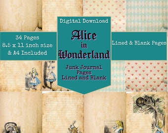 Alice in Wonderland Digital Papers, Blank and Lined Pages, Alice in Wonderland Background Junk Journal Printables, Digital Download,Digi Kit