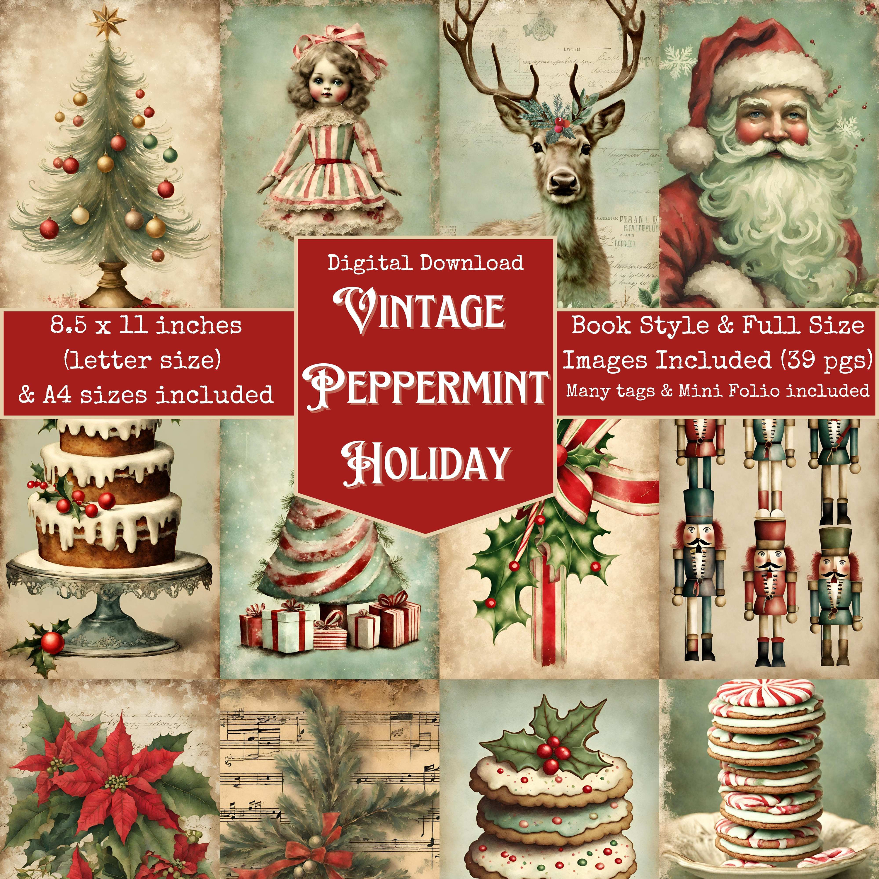 Vintage Christmas Junk Journal Pages, Peppermint Junk Journal ...