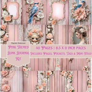 Pink Junk Journal Kit Altered Art, Digi Kit, Pink Printables, Journaling Papers, Digital Download, Mixed Media Shabby Chic, Soft Pink