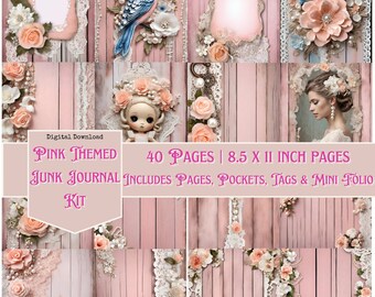 May include: A digital download kit for a pink themed junk journal. The kit includes 40 pages, pockets, tags, and a mini folio. The pages are 8.5 x 11 inches. The image shows a collage of pink and white floral designs, lace, and vintage-style frames.