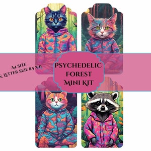 Junk Journaling Kit, Colorful, Psychedelic Forest Featuring Cats, Racoons and Rabbits, Tags for Junk Journaling, Scrapbooking A4 and Letter