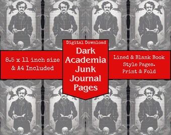 Lined & Blank, Halloween Themed Journal Pages, Edgar Allan Poe, Junk Journal, Printable, Paper, Book, Digital, Dark Academia, Download