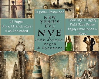 New Year's Eve NYE Journal Pages, Holiday Junk Journal, Printable, Paper, Book, Digital, Ephemera, Winter Junk Journal, Downloadable A4