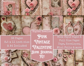 Pink Valentines Day Theme Junk Journal Kit, Hearts and Lace, Altered Art, Digital Papers, Junk Journal Printables, Digital Download,Digi Kit