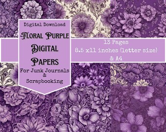 Delicate Purple Flower Paper Pack, Junk Journal, Printable Pages, Book, Digital, Ephemera, Downloadable A4, Letter Size High Quality 300 DPI