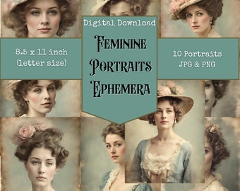 Weibliche Porträts Ephemera, Schönheit und Spitze, veränderte Kunst, digitale Papiere, Junk Journal Printables, digitaler Download, Digi Kit