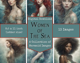 Women of the Seas Mermaid Images Blank and Lined Pages, Alice in Wonderland Background Junk Journal Printables, Digital Download, Digi Kit