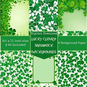 Puede incluir: Descarga digital de ocho fondos imprimibles con patrones de trébol verde. Los fondos están disponibles en tamaños de 8,5 x 11 pulgadas y A4.