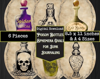 Botellas de poción Ephemera, Dark Academia Ephemera, Junk Journal Ephemera Descarga digital, Papeles imprimibles para Halloween, Digi Kit, Halloween