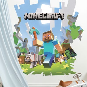 May include: A Minecraft wall decal featuring a 3D-style image of Steve, the main character from the game, running through a Minecraft world with a pickaxe in hand. The decal also features a wolf, a chicken, and other Minecraft creatures. The decal is on a white wall with a light blue curtain in the foreground.