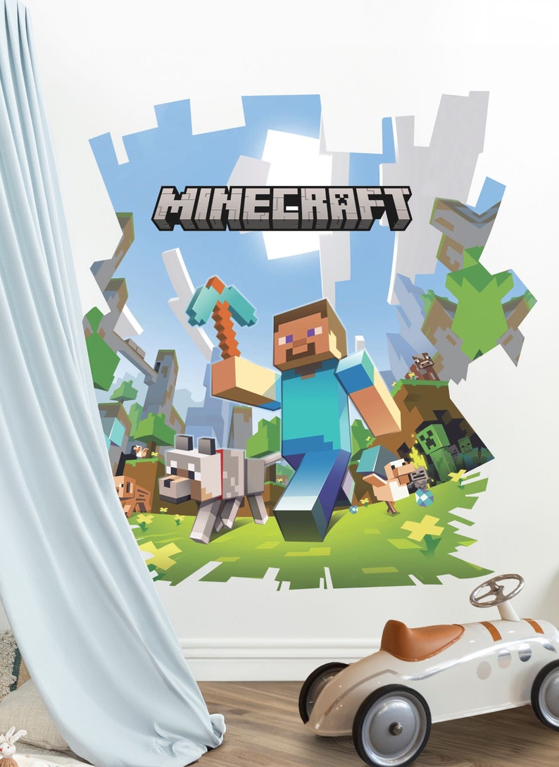 May include: A Minecraft wall decal featuring a 3D-style image of Steve, the main character from the game, running through a Minecraft world with a pickaxe in hand. The decal also features a wolf, a chicken, and other Minecraft creatures. The decal is on a white wall with a light blue curtain in the foreground.