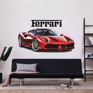 Naklejka ścienna Ferrari z odklejonym i przyklejonym supersamochodem Naklejka ścienna Samochód wyścigowy Sztuka ścienna do biura i pokoju chłopca