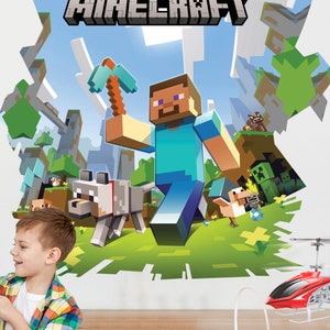 May include: A Minecraft themed wall decal featuring a pixelated character holding a pickaxe, a wolf, and other characters from the game. The decal is on a white wall with a red helicopter toy in the background.