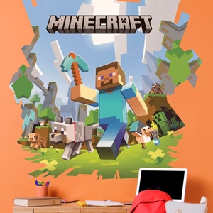May include: A Minecraft wall decal featuring a pixelated character holding a pickaxe, surrounded by other characters and blocks. The decal is on an orange wall with a desk and chair in front of it.