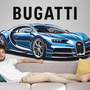 Naklejka ścienna Bugatti Chiron z odklejonym i przyklejonym motywem Super Car Naklejka ścienna Samochód wyścigowy Sztuka ścienna do biura i pokoju chłopca