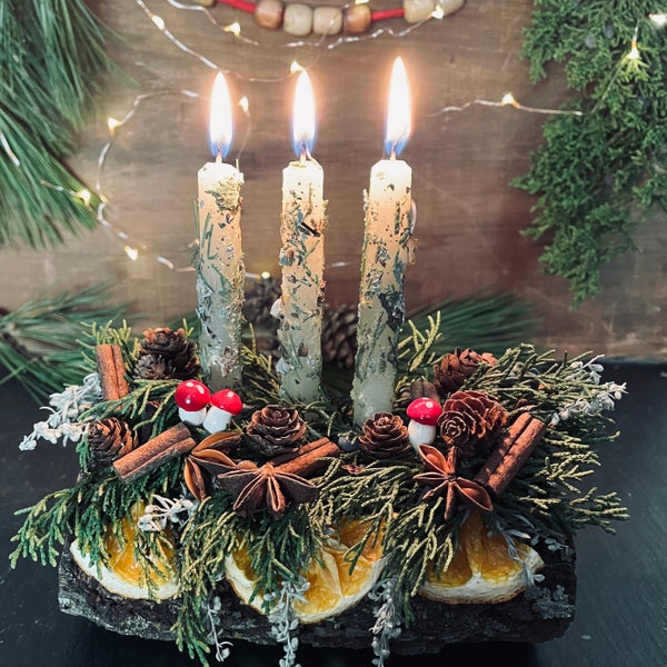 Small Yule Log KIT Only DIY Oak Dressed Candle Winter Solstice Mushroom Botanicals Evergreens Woodland