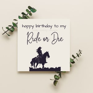 Happy birthday to my ride or die - Cowgirl - Horse - Square - Matte - Blank Card