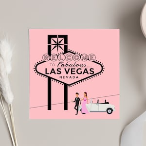 Las Vegas trouwkaart - roze - bestemming bruiloft - blanco - bruid & bruidegom