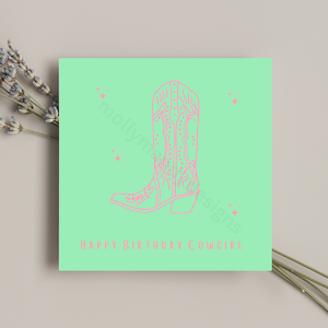 Happy Birthday Cowgirl - Pink/Grün - Cowboy Boot - Quadrat - Matt