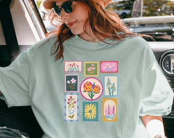 Vintage Floral Stamps T-Shirt, Retro Cottagecore Graphic Tee, Cute Coquette Floral Shirt, Unisex Cozy Garden Aesthetic Top