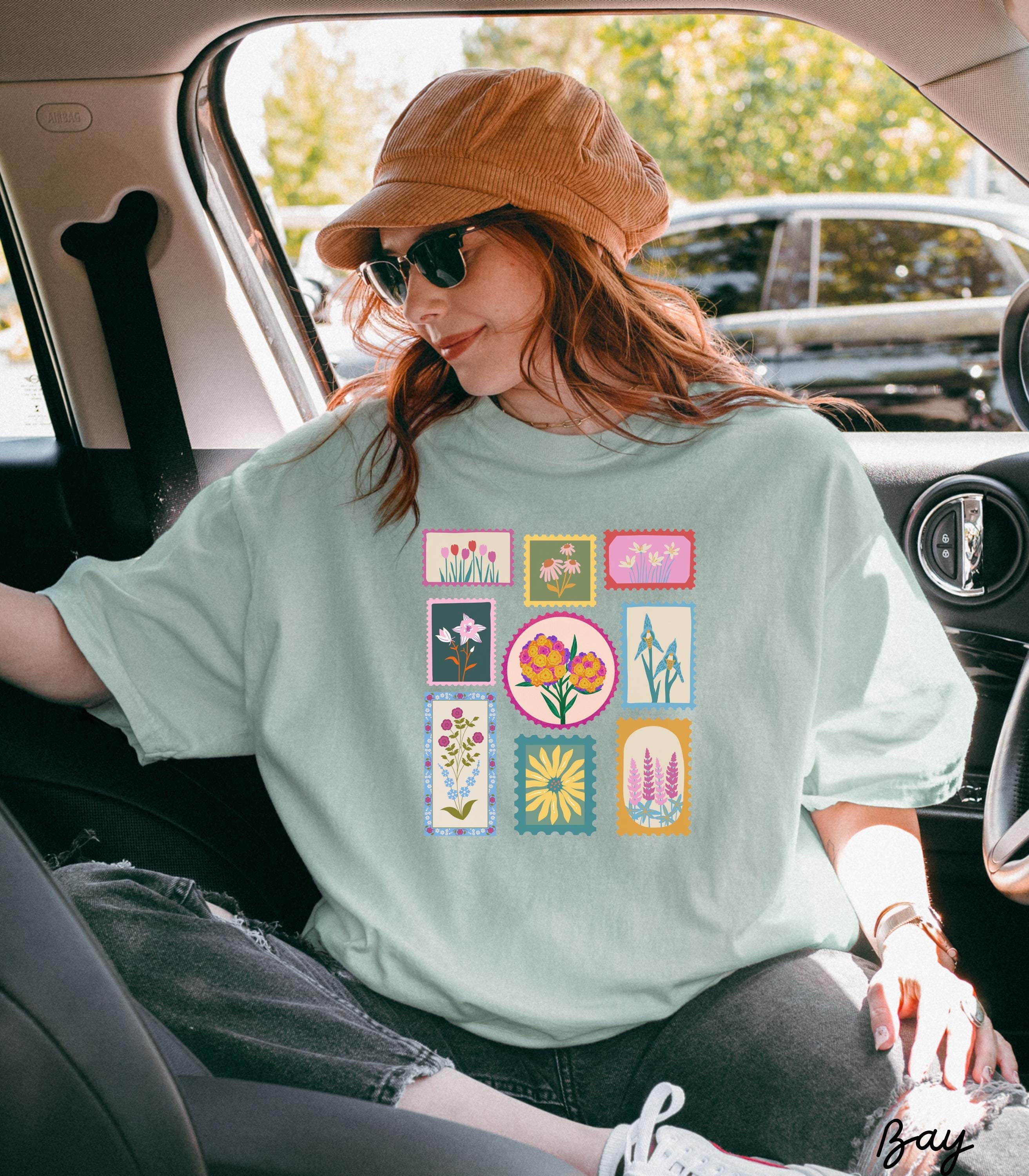 Vintage Floral Stamps T-shirt, Retro Cottagecore Graphic Tee, Cute