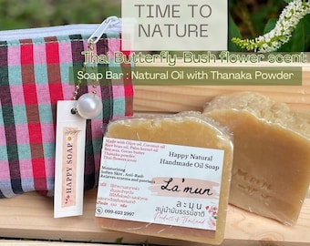 Soap Bar Gift Handmade Natural Oil Set, in Thai "Pha Khao Ma" Bag , Thai Butterfly-bush Flower Scent For Soften Skin Anti-Rash, 110 grams